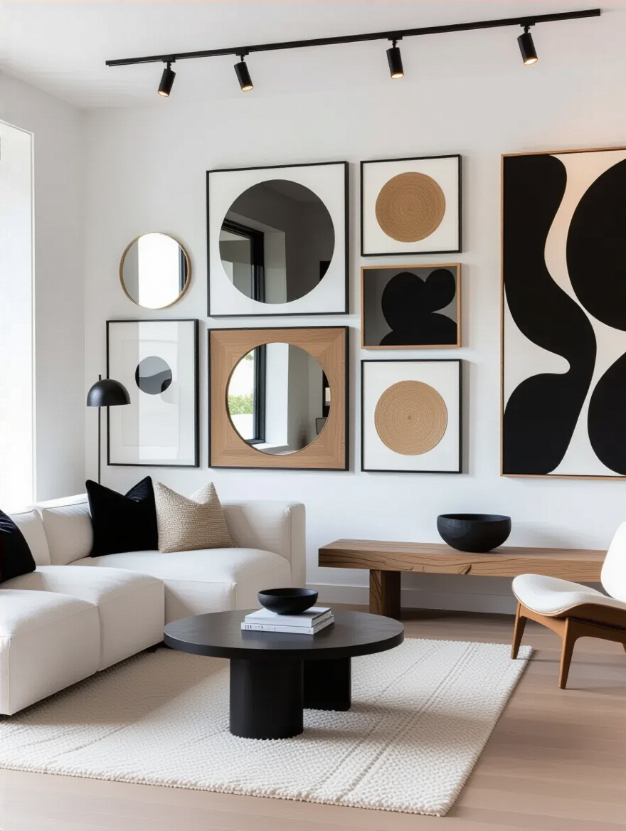 Vertical living room wall featuring a gallery wall and a bold statement piece as focal point