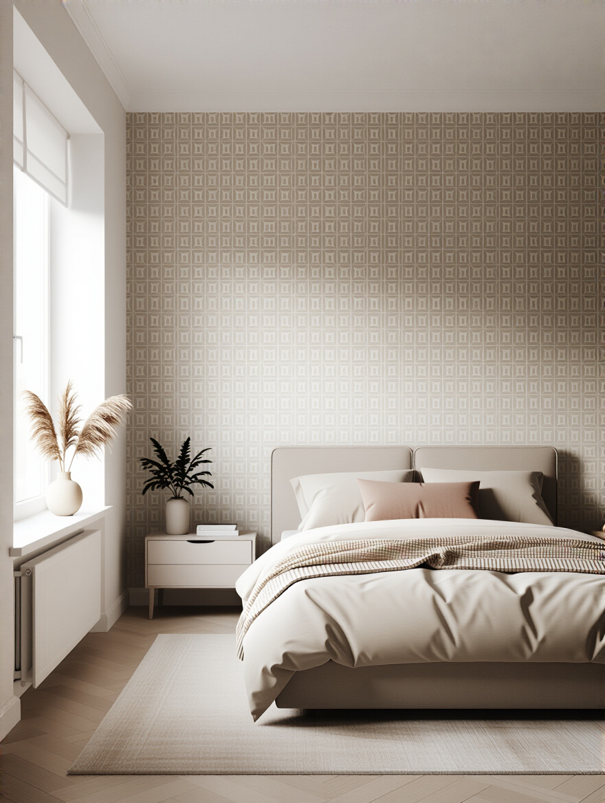 Bedroom with removable wallpaper accent wall, portrait orientation