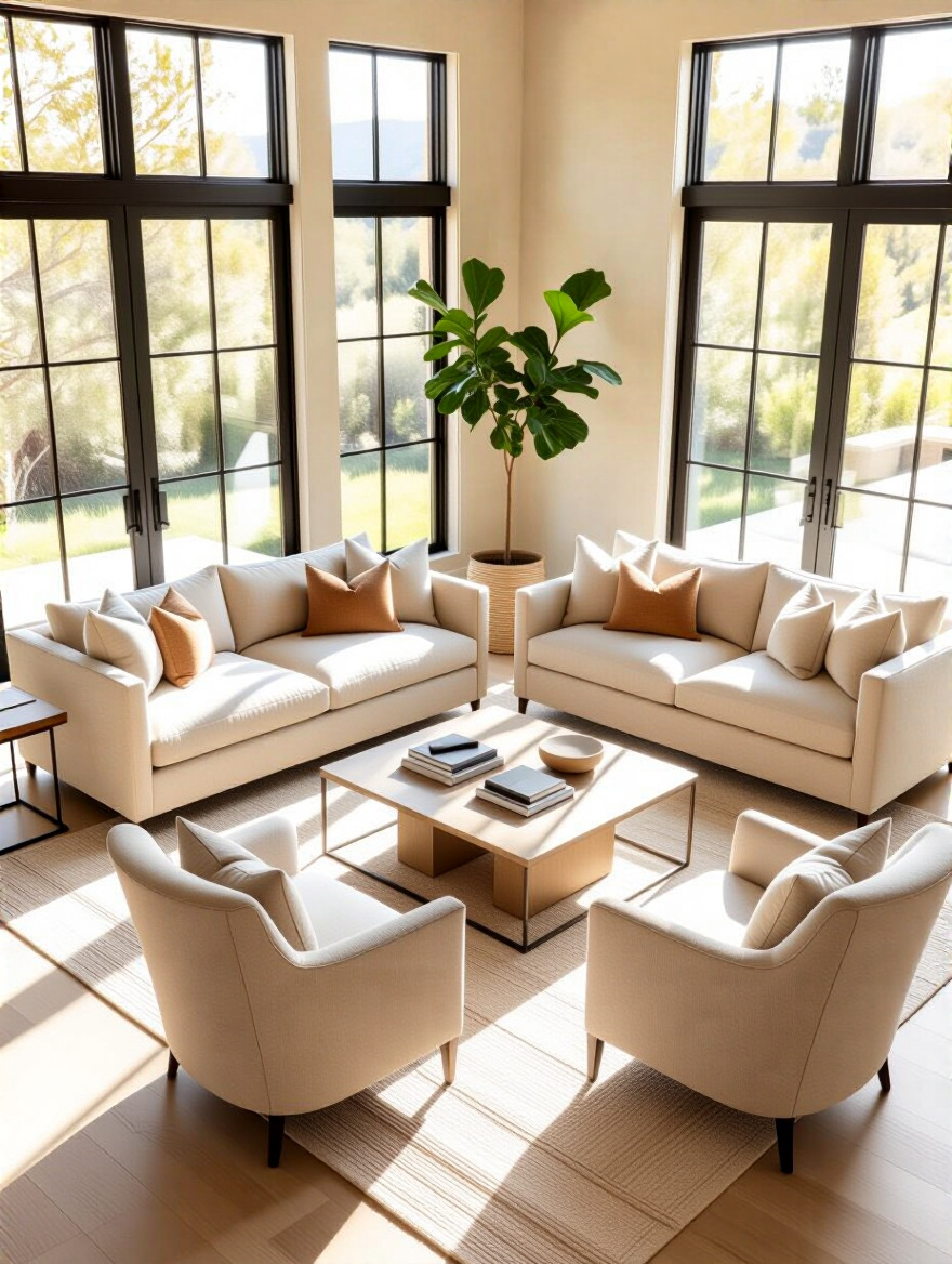 A beautifully arranged beige living room with an optimal furniture layout, featuring a sofa and chairs placed to create clear pathways and a spacious, comfortable feel.