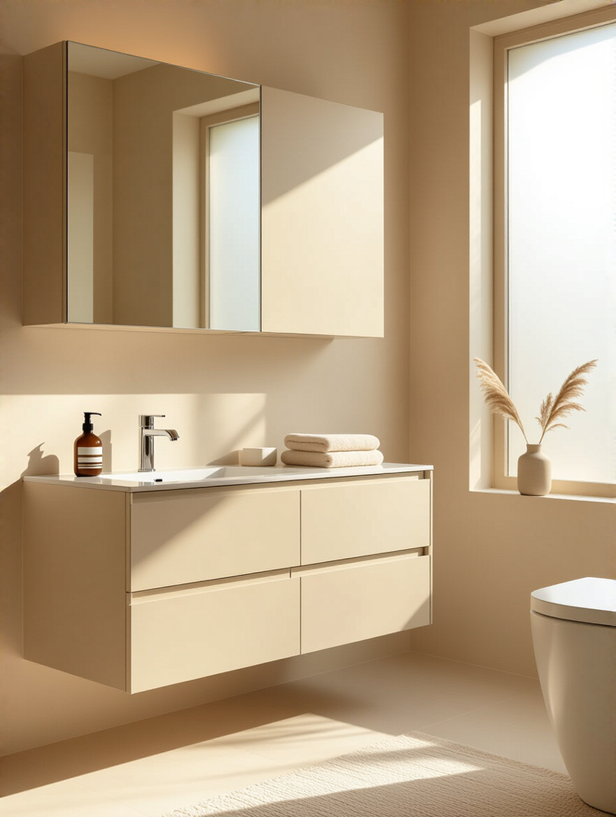 A pristine beige bathroom featuring a modern integrated vanity with sleek closed drawers, demonstrating smart storage solutions that eliminate clutter and enhance the serene aesthetic.