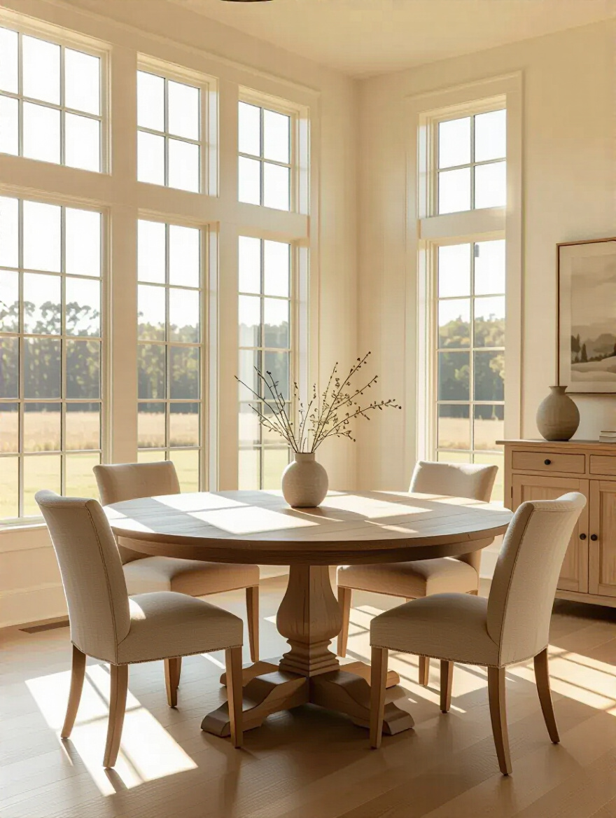 Round farmhouse dining table in a square room, surrounded by empty chairs, illustrating optimal room flow and open pathways for easy movement and interaction.