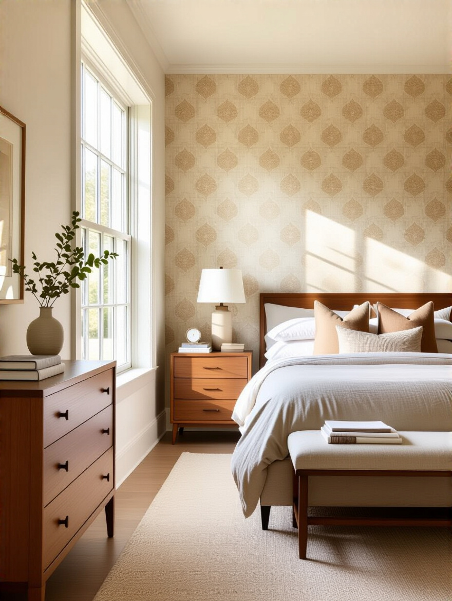 Bedroom with cohesive wallpaper and existing furniture color palette