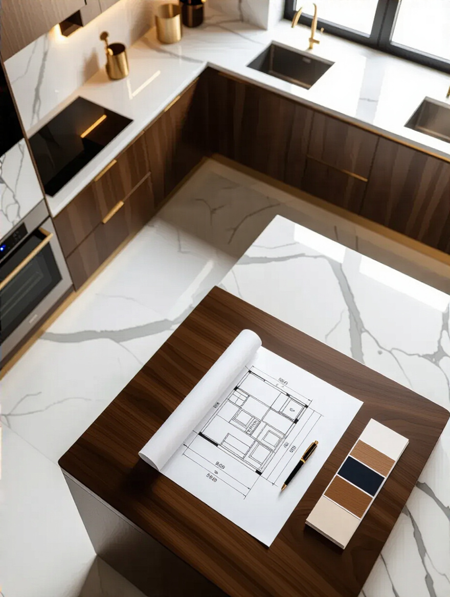 Conceptual image showing a detailed kitchen blueprint on a luxury kitchen island with material samples, representing a consultation with a luxury kitchen designer.