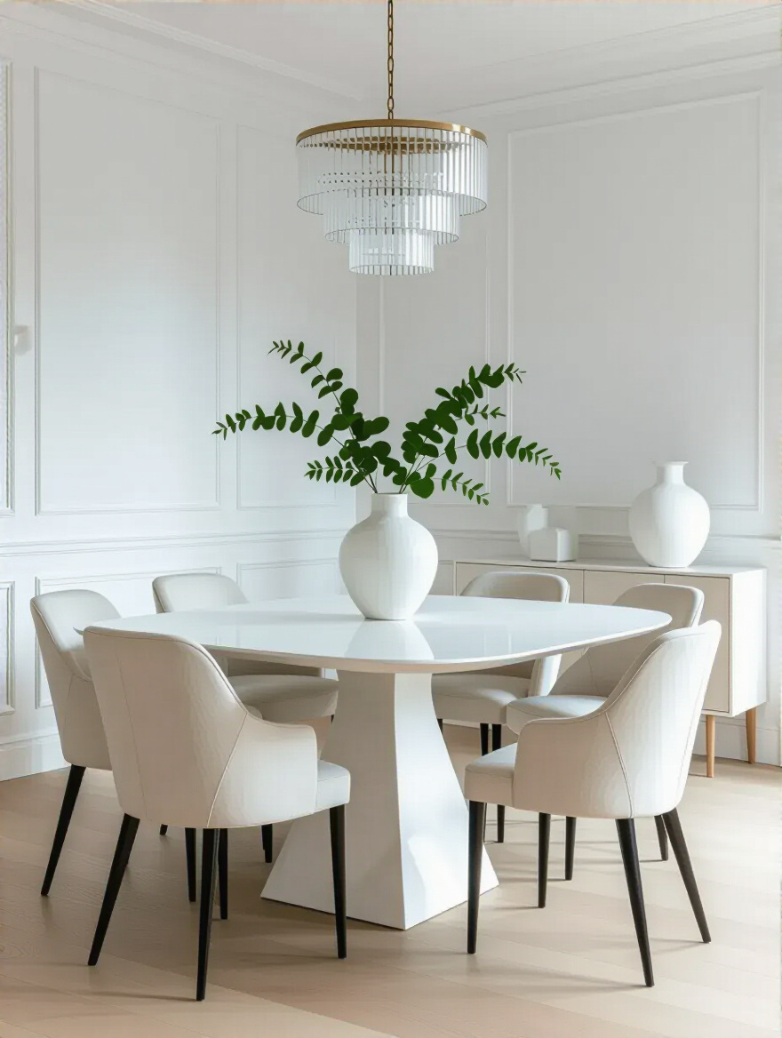 Elegant white dining room interior showcasing a cohesive design style with modern minimalist furniture and classic chic architectural details, featuring a white dining table, matching chairs, and a glass chandelier.