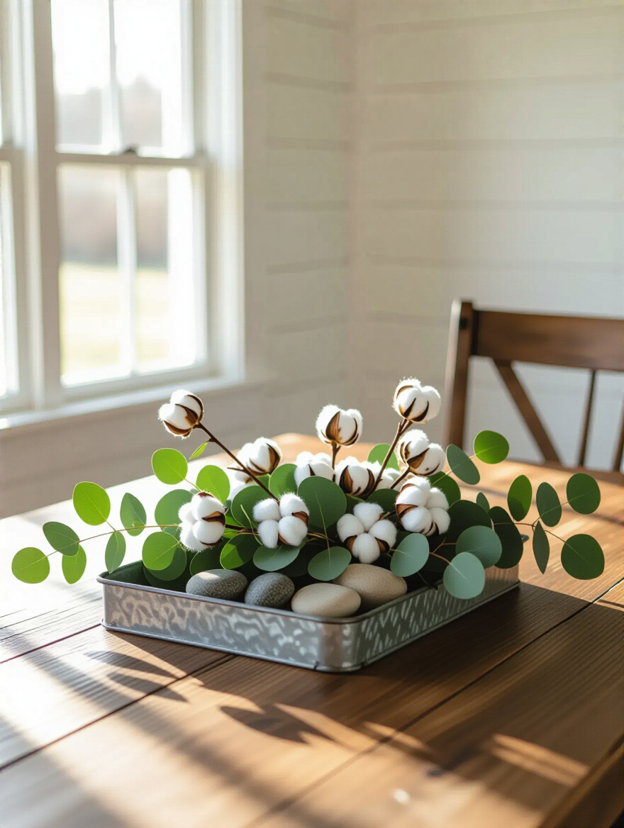 A rustic farmhouse dining table featuring a centerpiece made of eucalyptus branches, cotton stems, and river stones in a galvanized metal tray.