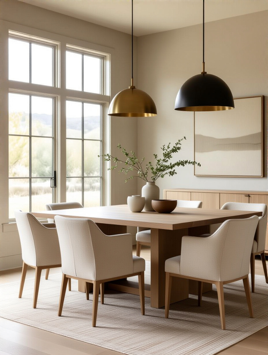 Portrait of a dining room with a cohesive color palette and refined textures