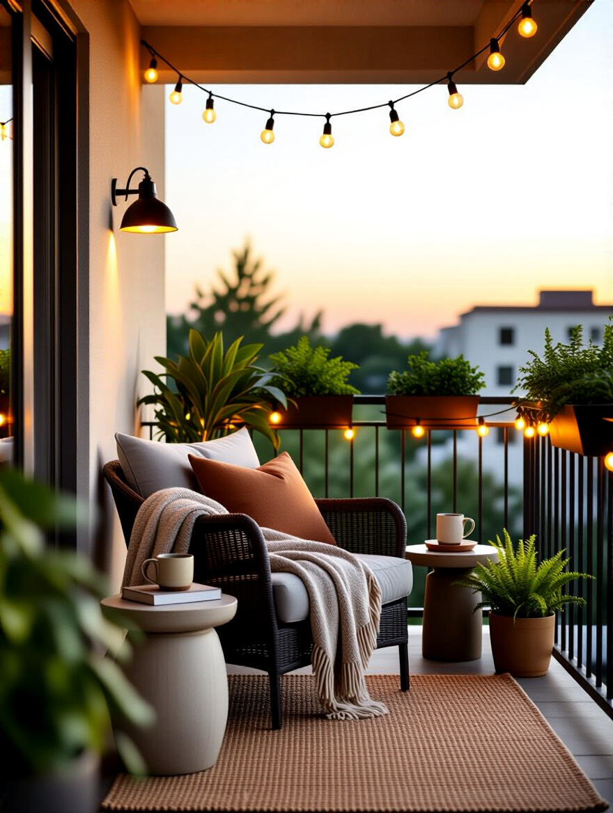 Cozy balcony reading nook with cushioned seating and warm lighting