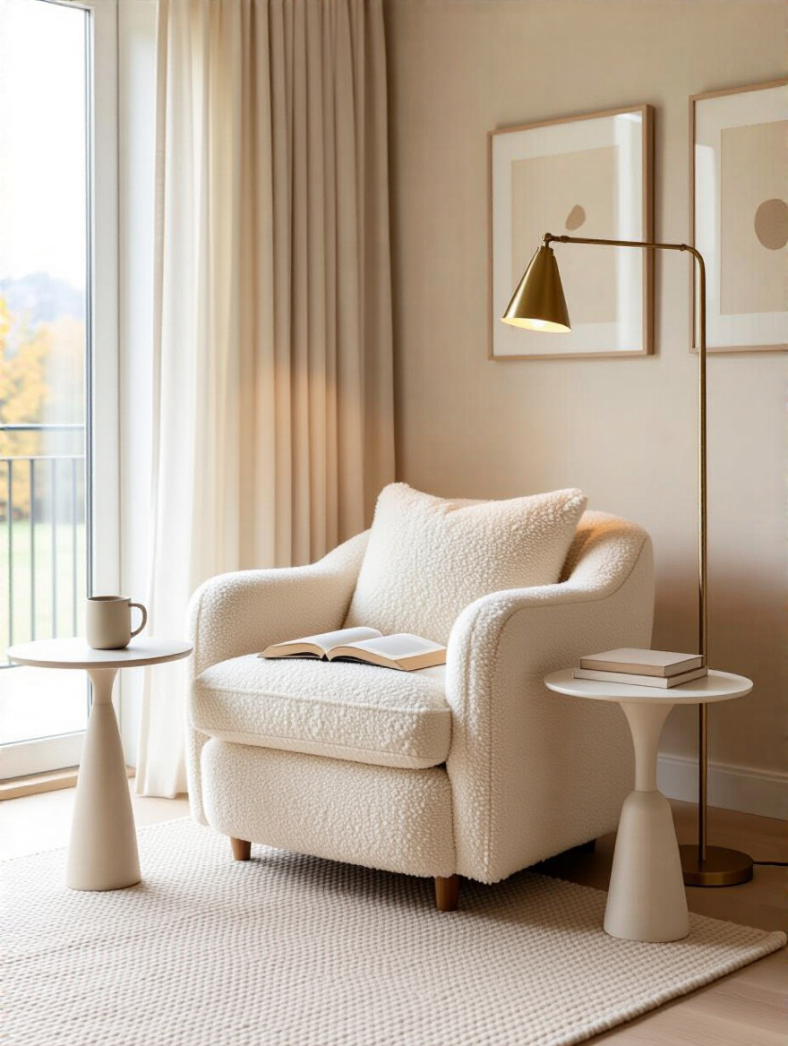 A cozy beige reading nook with a boucle armchair, round side table, floor lamp, and textured rug, defining a zone in a modern living room.