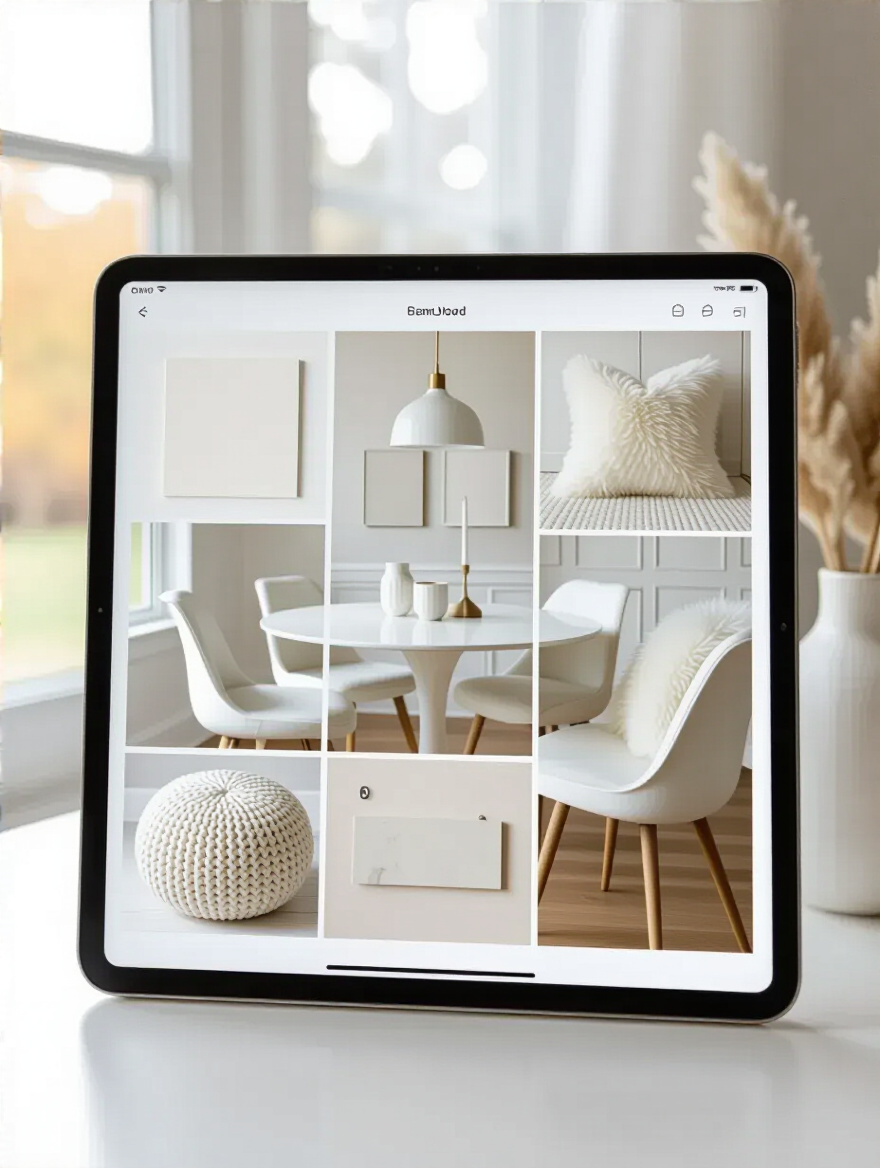 A clean, modern digital mood board displayed on a tablet, showing a cohesive collection of white dining room furniture, paint swatches, and fabric textures arranged to visualize a white dining room remodel.