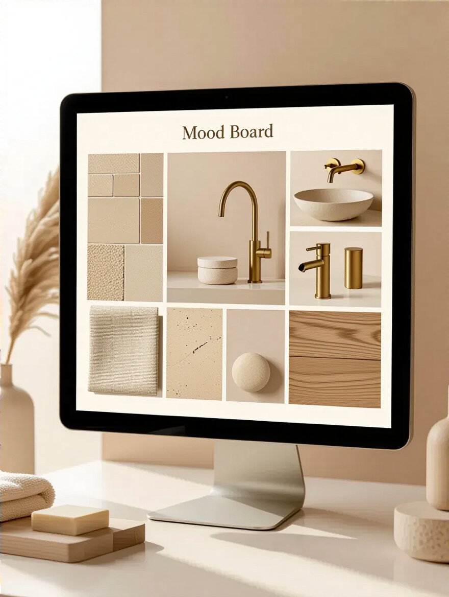 Digital mood board with various beige bathroom elements like tiles, paint swatches, fabric textures, and fixture samples, organized on a screen to visualize a serene beige aesthetic.