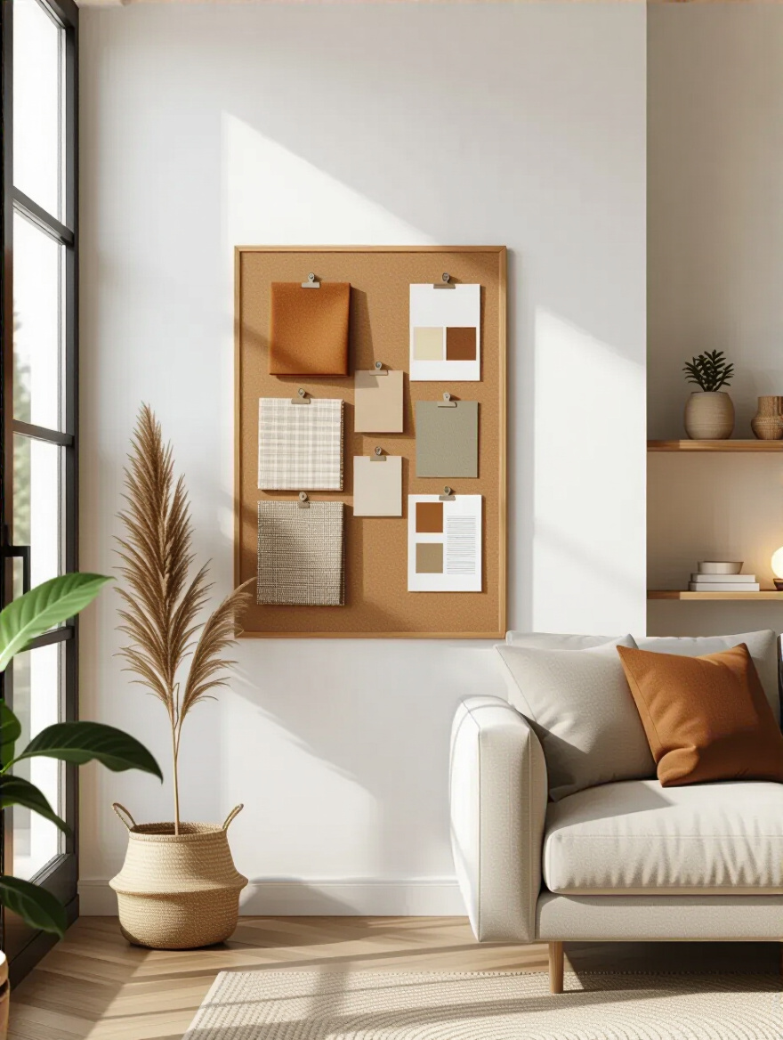 Portrait of a living room corner with a cork mood board and swatches