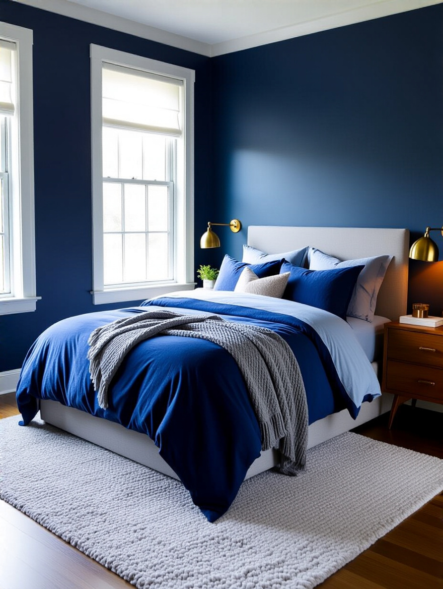 Portrait photo of a serene blue bedroom with a harmonious palette and warm metallic accents.