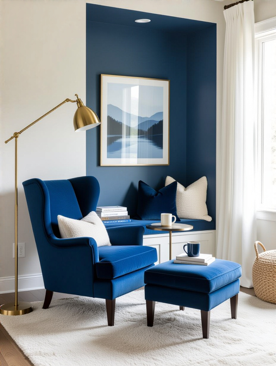 Serene blue reading nook with cozy seating and warm task lighting in a bedroom corner.