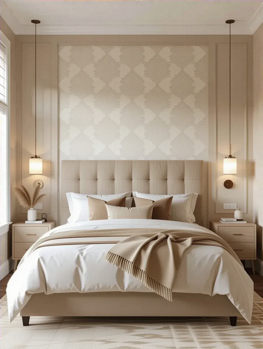 Portrait of a bedroom with wallpapered headboard wall feature behind the bed, warm lighting