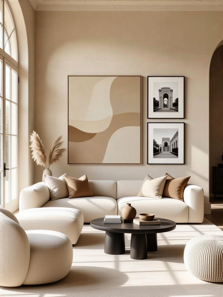Sophisticated beige living room featuring curated art and photography, including an abstract painting and framed black and white photos, creating visual interest without overpowering the neutral decor.