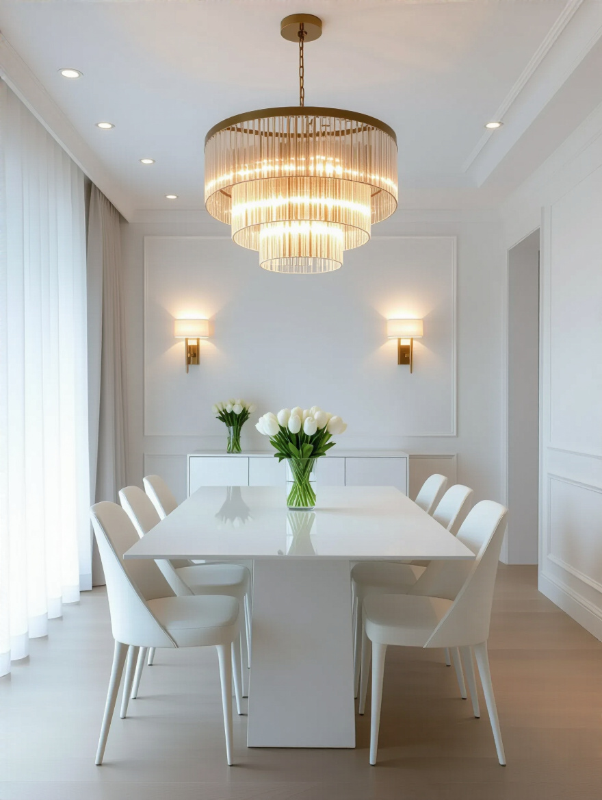 White dining room with layered lighting and sculptural chandelier