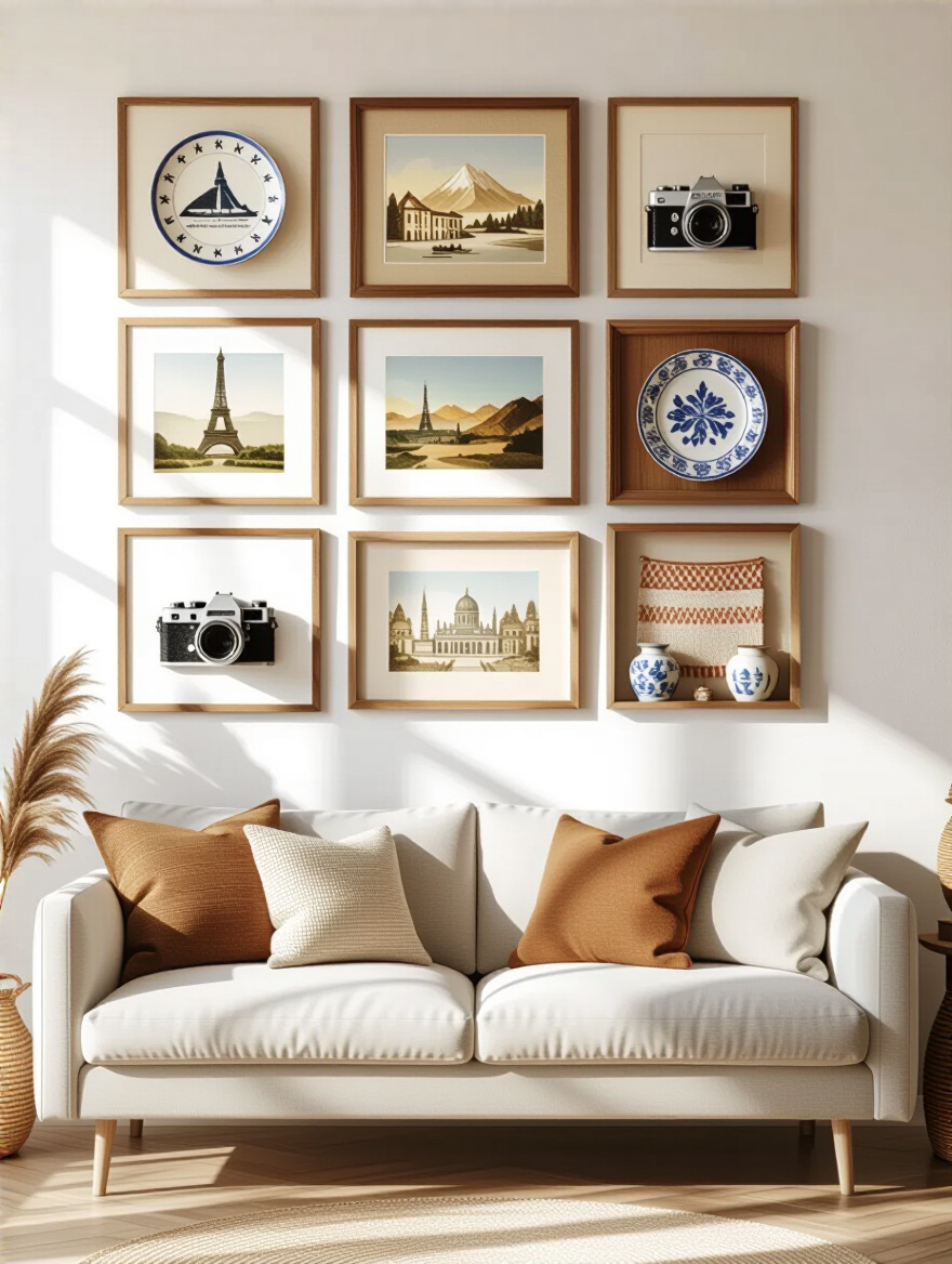 Vertical living room wall gallery of curated personal collections.