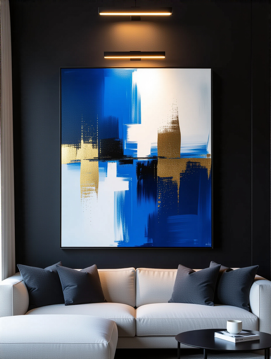 Large abstract painting with vibrant electric blue and white colors and gold metallic accents, dramatically lit by a picture light against a matte black living room wall, creating a stunning visual impact and focal point.