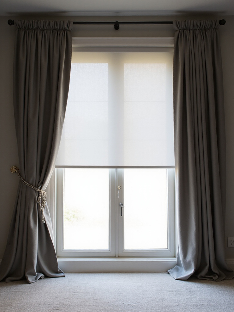 A modern bedroom with layered window treatments providing both light control and privacy. The window features sleek, translucent blinds and elegant blackout drapes.
