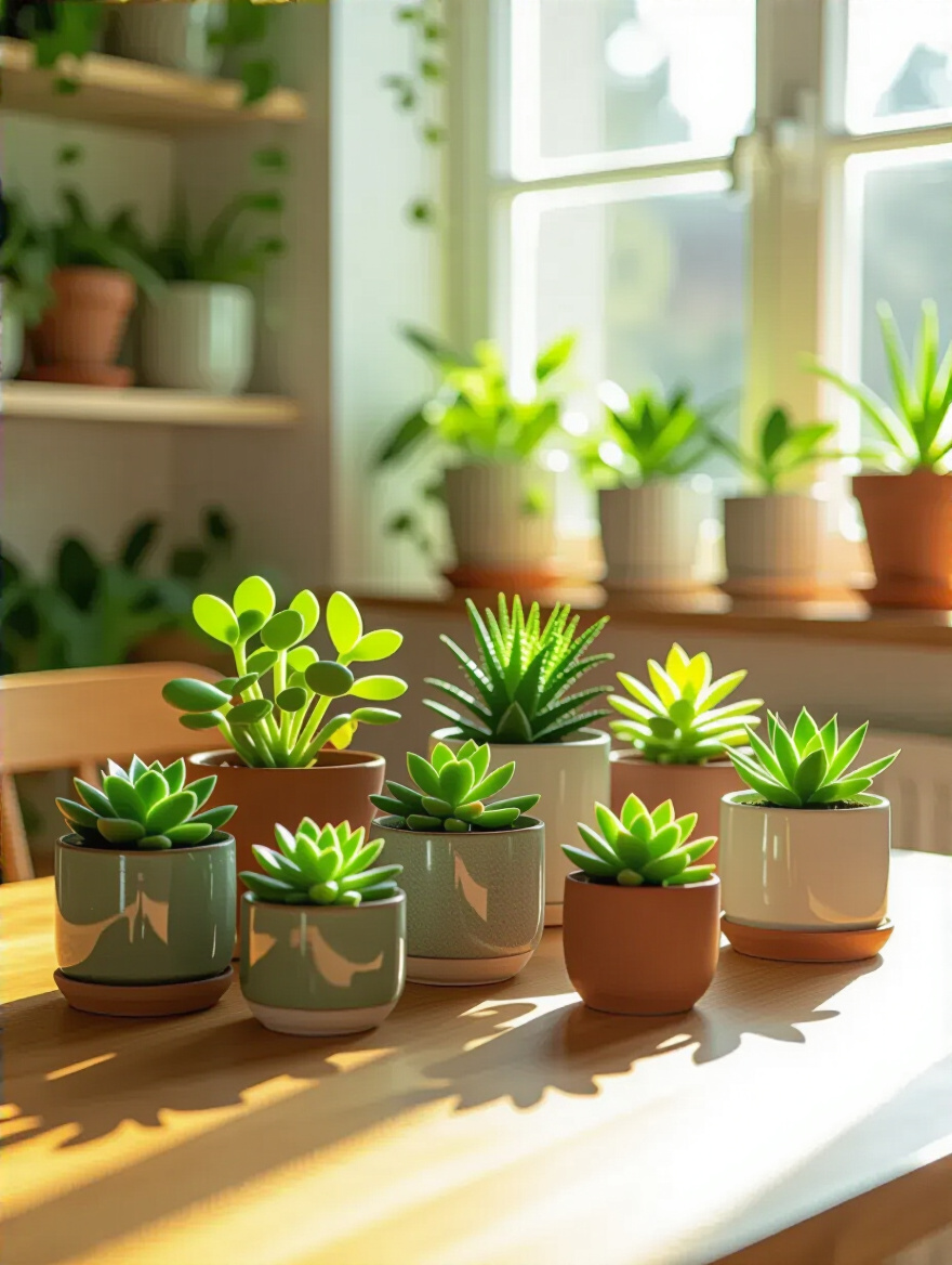A stylish arrangement of various small potted plants, including succulents and ferns, displayed on a dining room table and shelves, enhancing green decor.