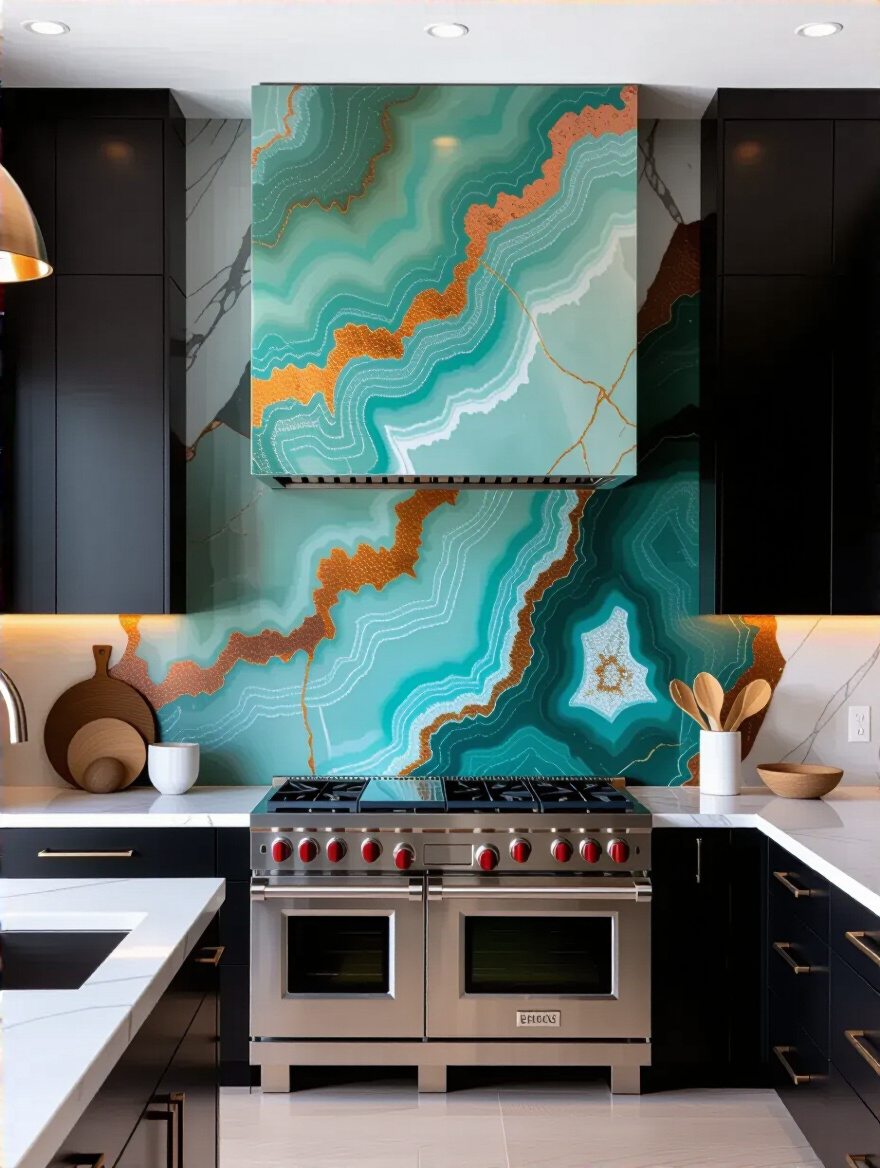 Modern luxury kitchen with a dramatic floor-to-ceiling Patagonia Quartzite artful backsplash behind a professional range, acting as a stunning focal point.