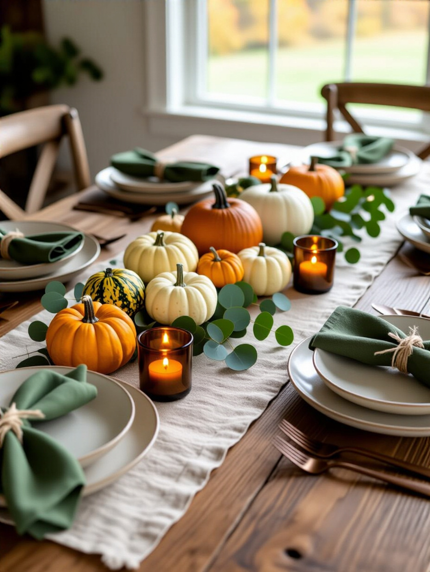 Farmhouse dining table with autumn seasonal decor featuring gourds, pumpkins, eucalyptus, and candles, bathed in soft natural light.