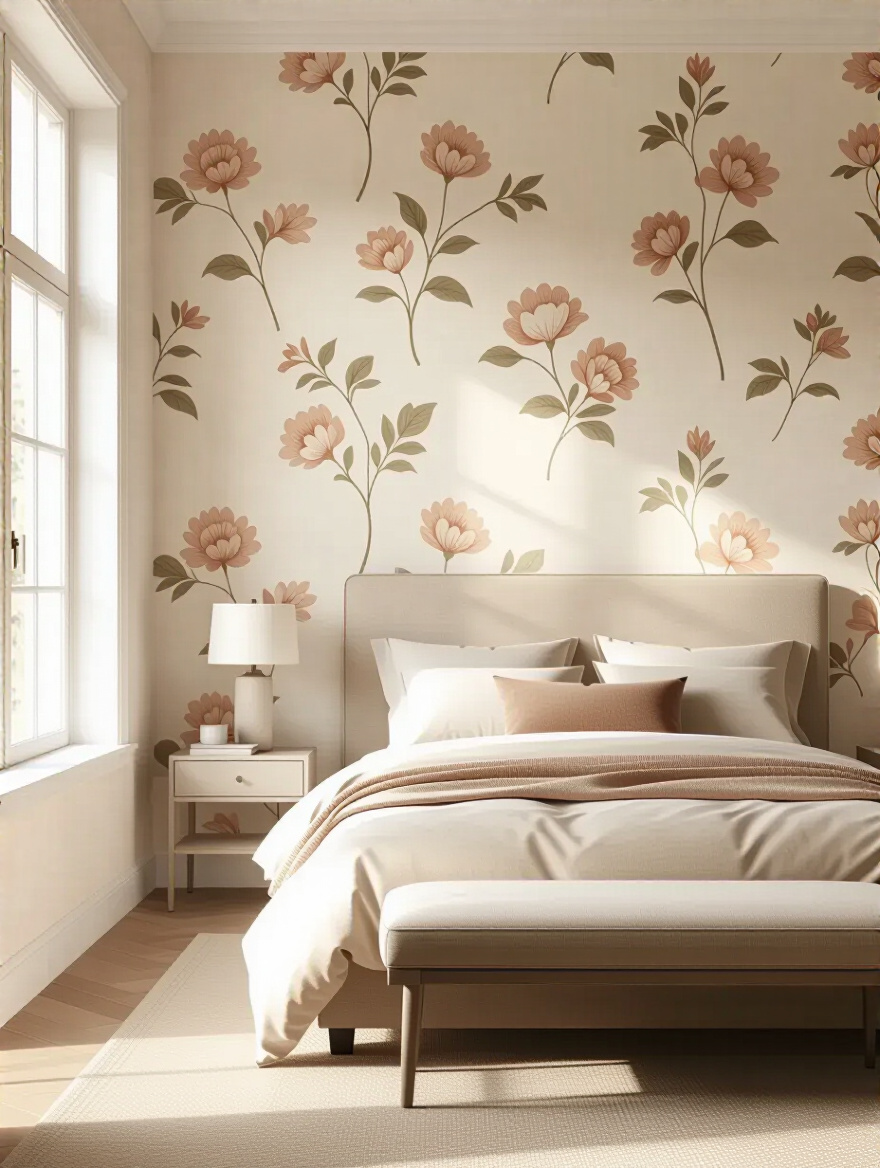 Portrait view of a bedroom with a feature wallpaper wall and a decision-making vibe about installation options.