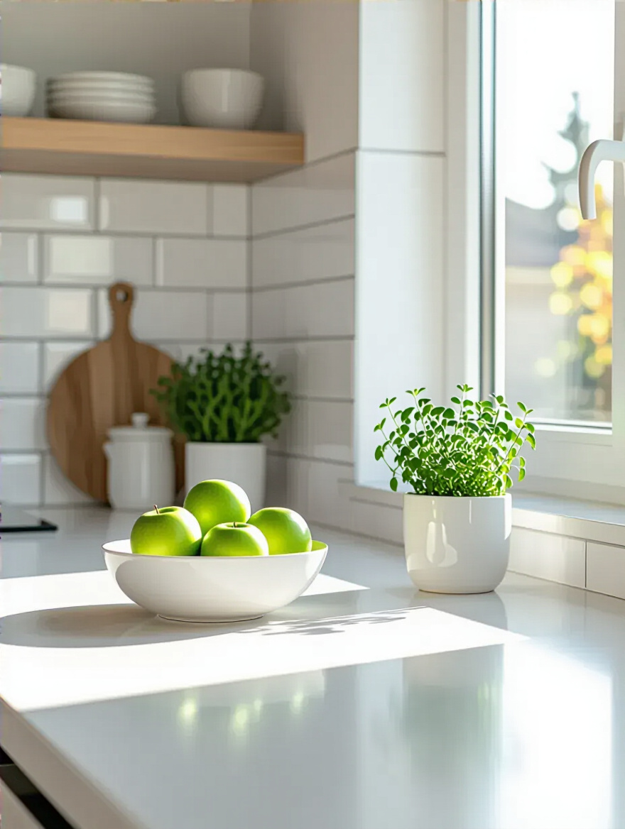 Spotless modern kitchen countertop with a minimalist fruit bowl and a small plant, emphasizing clear space and visual clarity after decluttering.