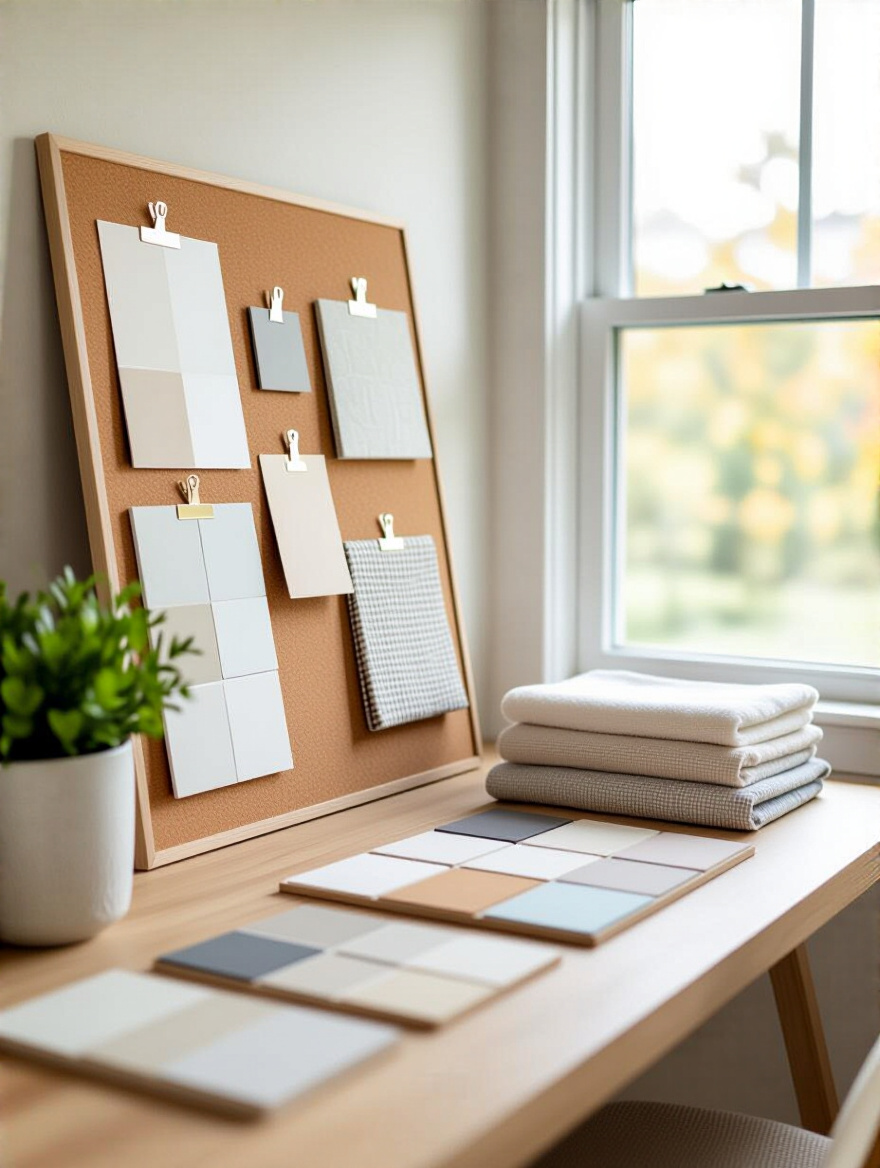 Portrait planning scene with mood boards, tile samples, and color swatches for bathroom floor remodel