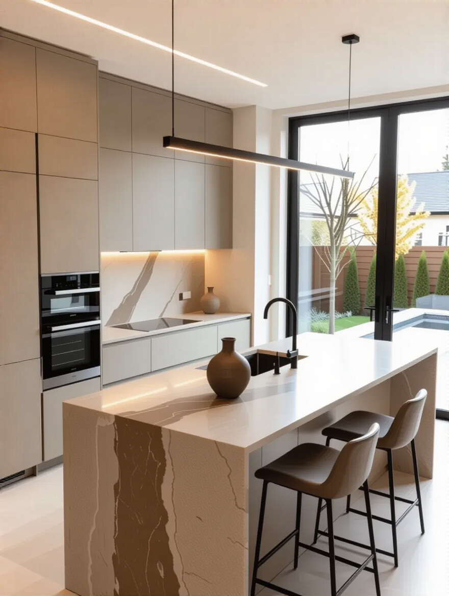A modern luxury kitchen interior showcasing a unified design aesthetic with sleek cabinetry, a stone waterfall island, and integrated appliances, bathed in natural light, embodying cohesive kitchen design principles.