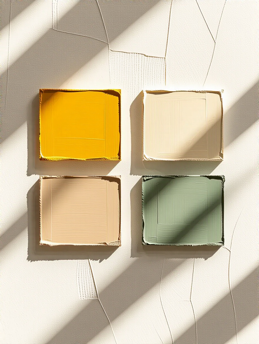 Three paint swatches demonstrating warm, cool, and neutral beige undertones on a white surface with natural light.