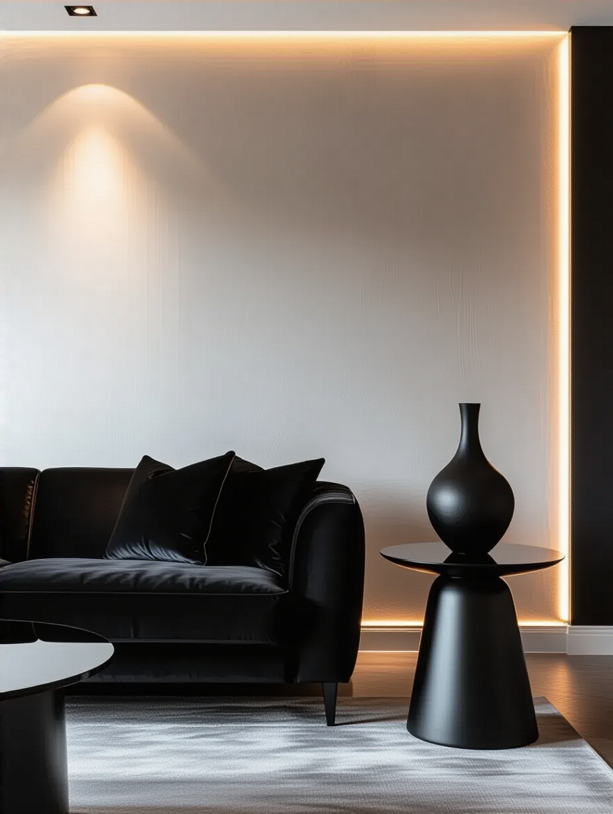 A sophisticated living room vignette featuring a charcoal velvet sofa, glossy ebony side table, and matte black decor, showcasing a layered black color palette with varying textures and finishes, illuminated by strategic lighting to highlight depth.
