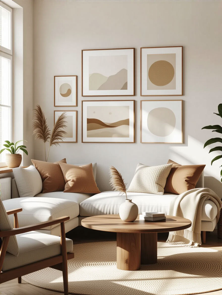 Portrait living room with a curated gallery wall (no people), natural light