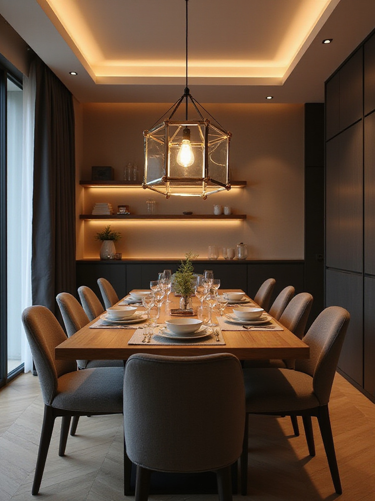 Modern dining room showcasing adaptable lighting and decor for transitioning between formal and casual dining ambiances.