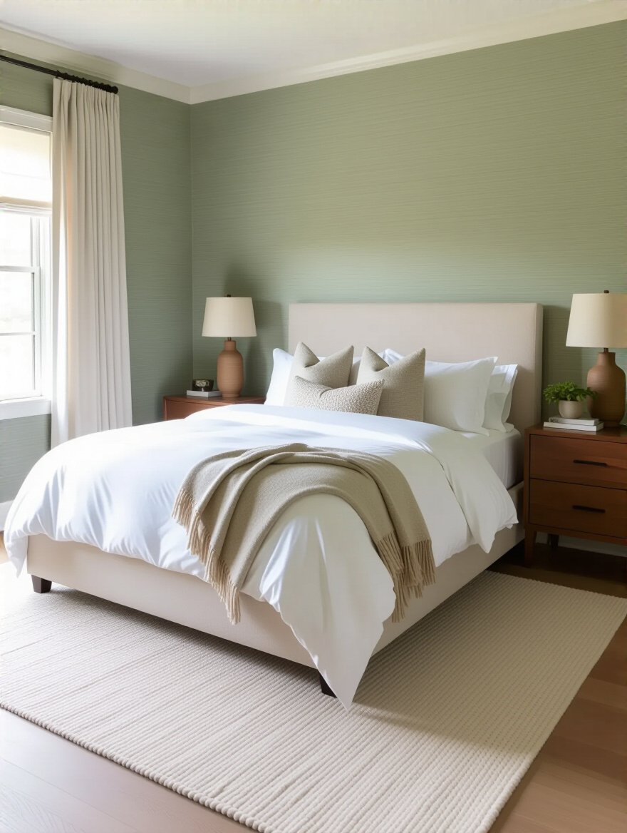 Portrait of a calming bedroom ambiance mood featuring sage grasscloth wallpaper and soft textiles