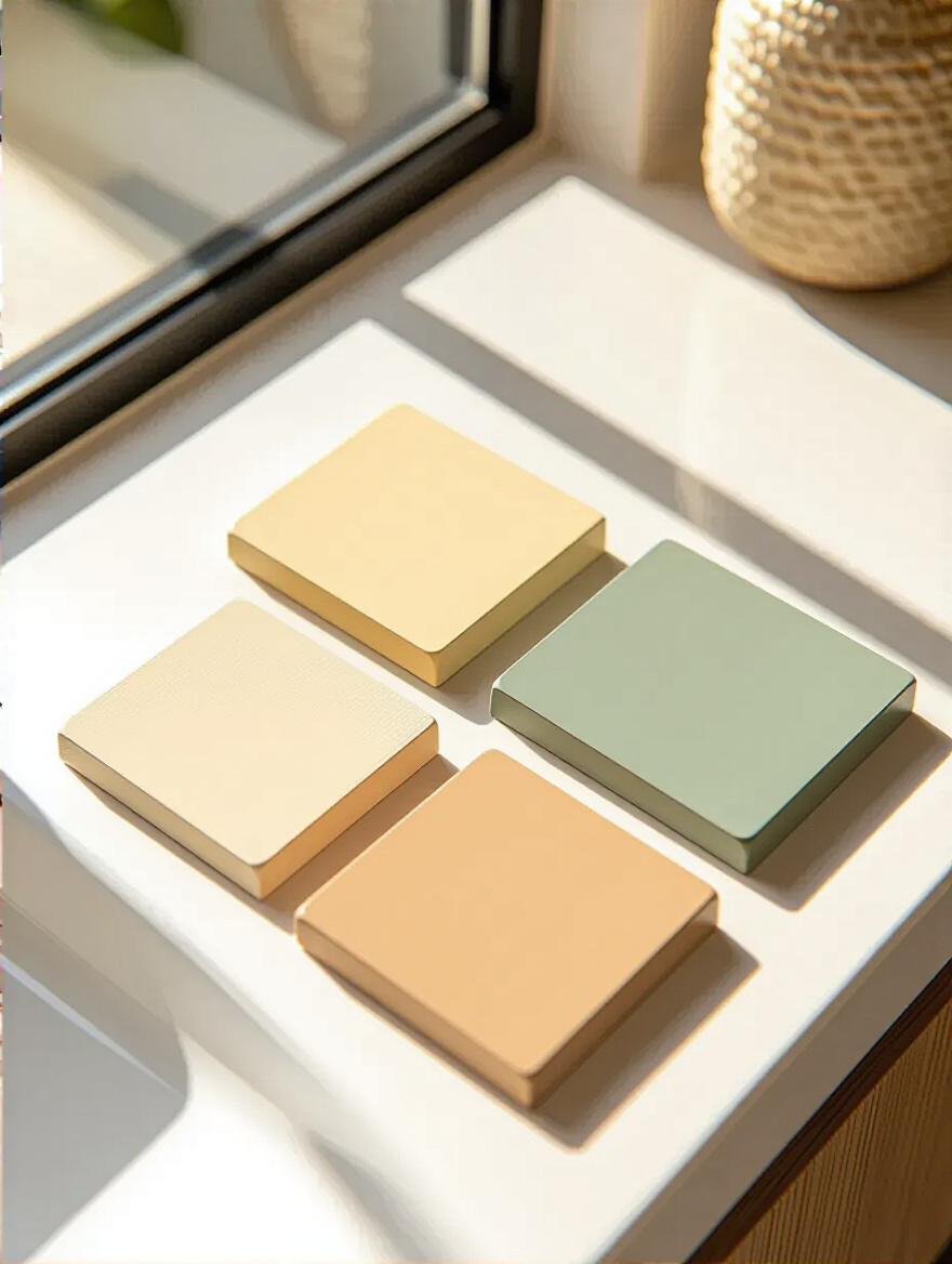 Arrangement of warm, cool, and neutral beige paint swatches on a bathroom counter, demonstrating distinct beige undertones.