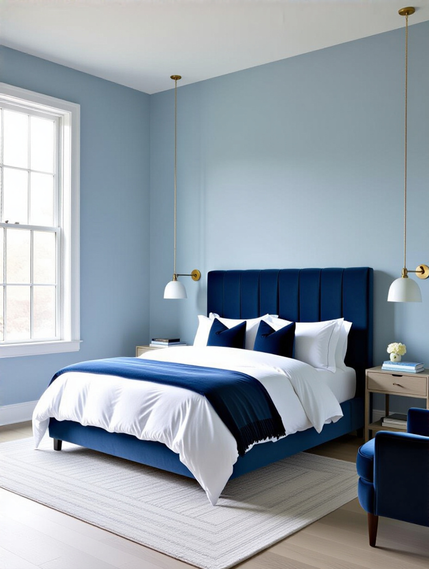 Vertical blue mood bedroom portrait with layered textiles and window light