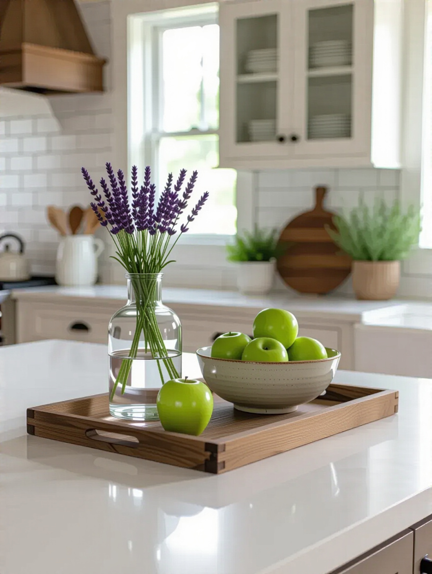 Portrait image of a Modern Farmhouse kitchen countertop with a rustic wooden tray, a vase of lavender, and a ceramic fruit bowl, perfectly showcasing cohesive kitchen style definition for thoughtful decor choices.