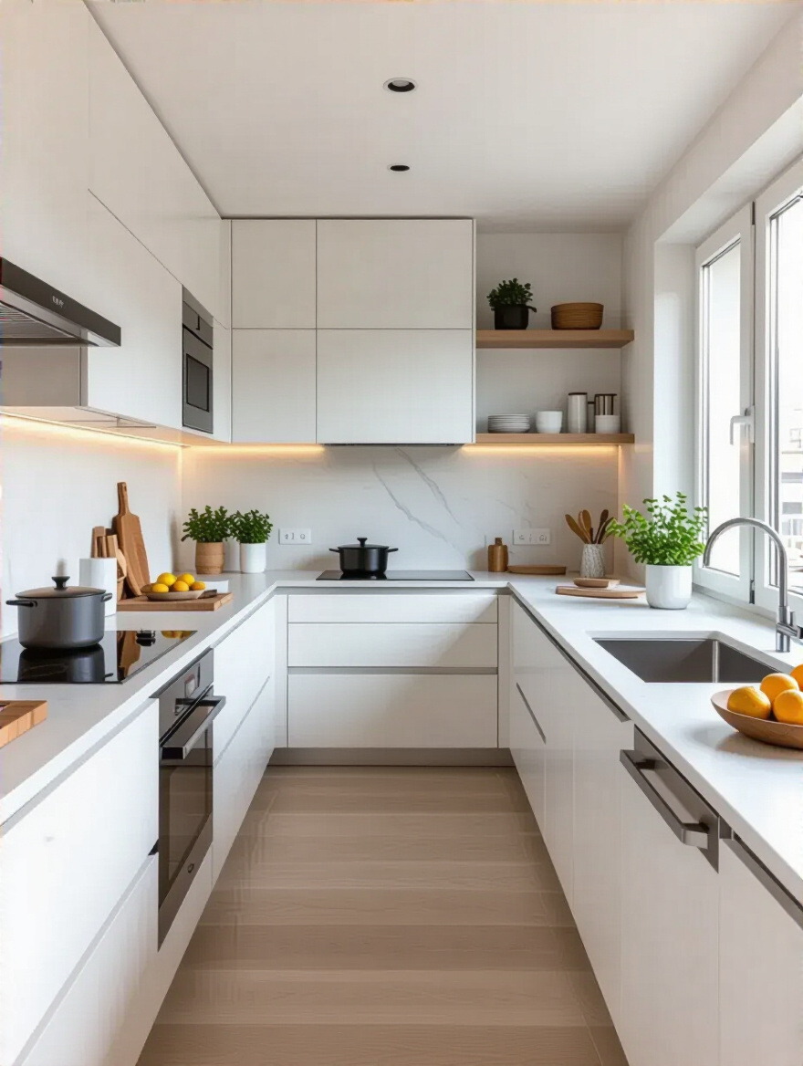 A bright, modern kitchen showcasing intelligent design with distinct functional workflow zones for preparation, cooking, and cleaning, emphasizing organizational efficiency.