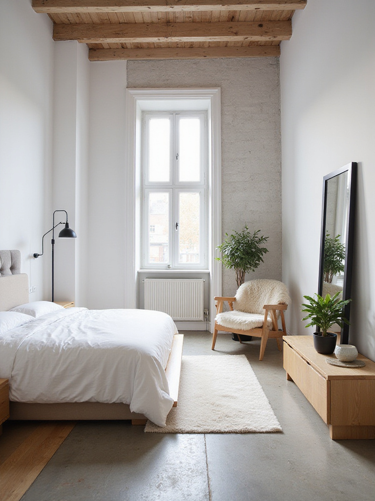 Bedroom showcasing integrated modern aesthetics of Minimalism, Scandinavian, and Industrial design elements
