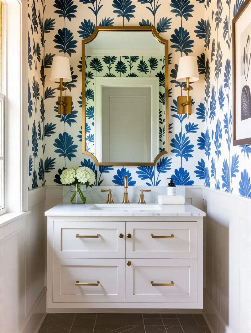 Vertical portrait of a powder room showcasing its signature style with bold wallpaper and luxe vanity
