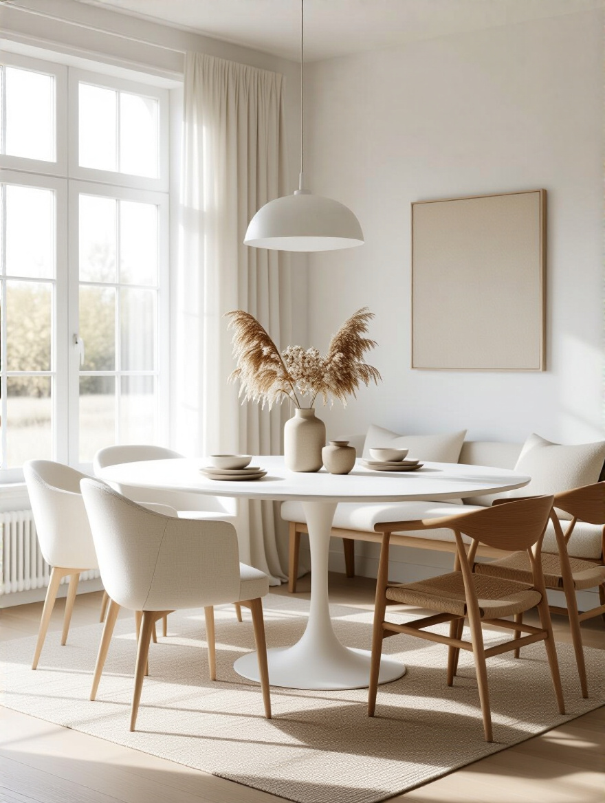 Portrait view of a white dining room blending modern minimalist with rustic charm, showcasing texture and natural light