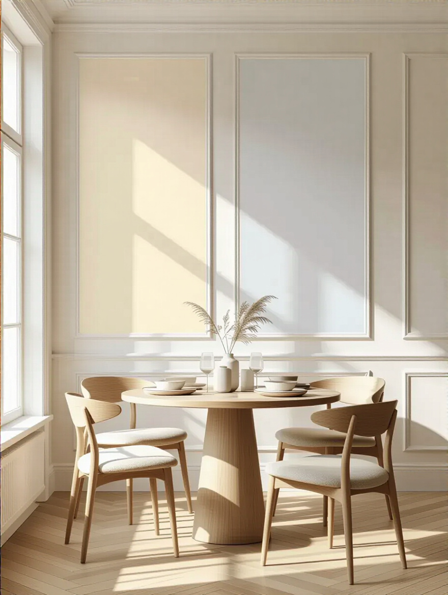 Two large paint swatches on a dining room wall under natural light, one warm white and one cool white, illustrating the subtle differences in white paint undertones.