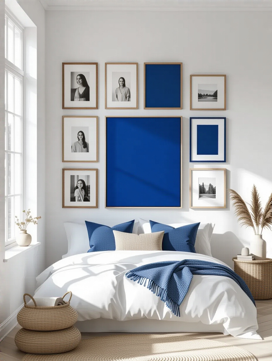 Portrait of a blue gallery wall in a serene bedroom with personal photos and keepsakes