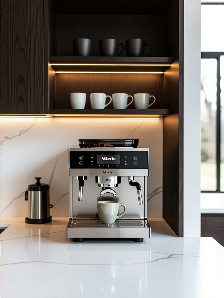 A modern luxury kitchen features a built-in coffee nook with a Miele espresso machine, white quartz countertop, and dark oak cabinetry.
