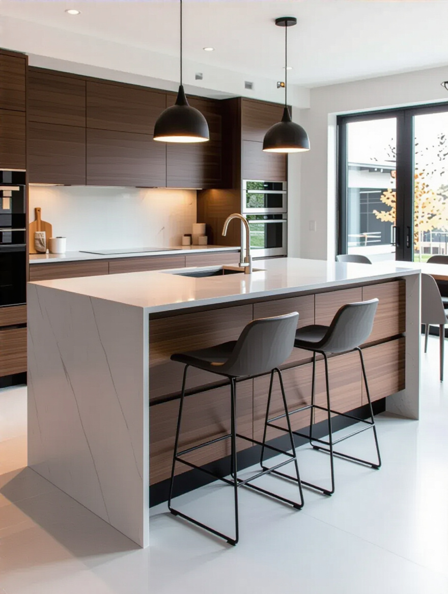 Modern kitchen island with integrated seating, smart storage solutions, light quartz countertop, dark wood cabinetry, and pendant lights in a contemporary kitchen design.
