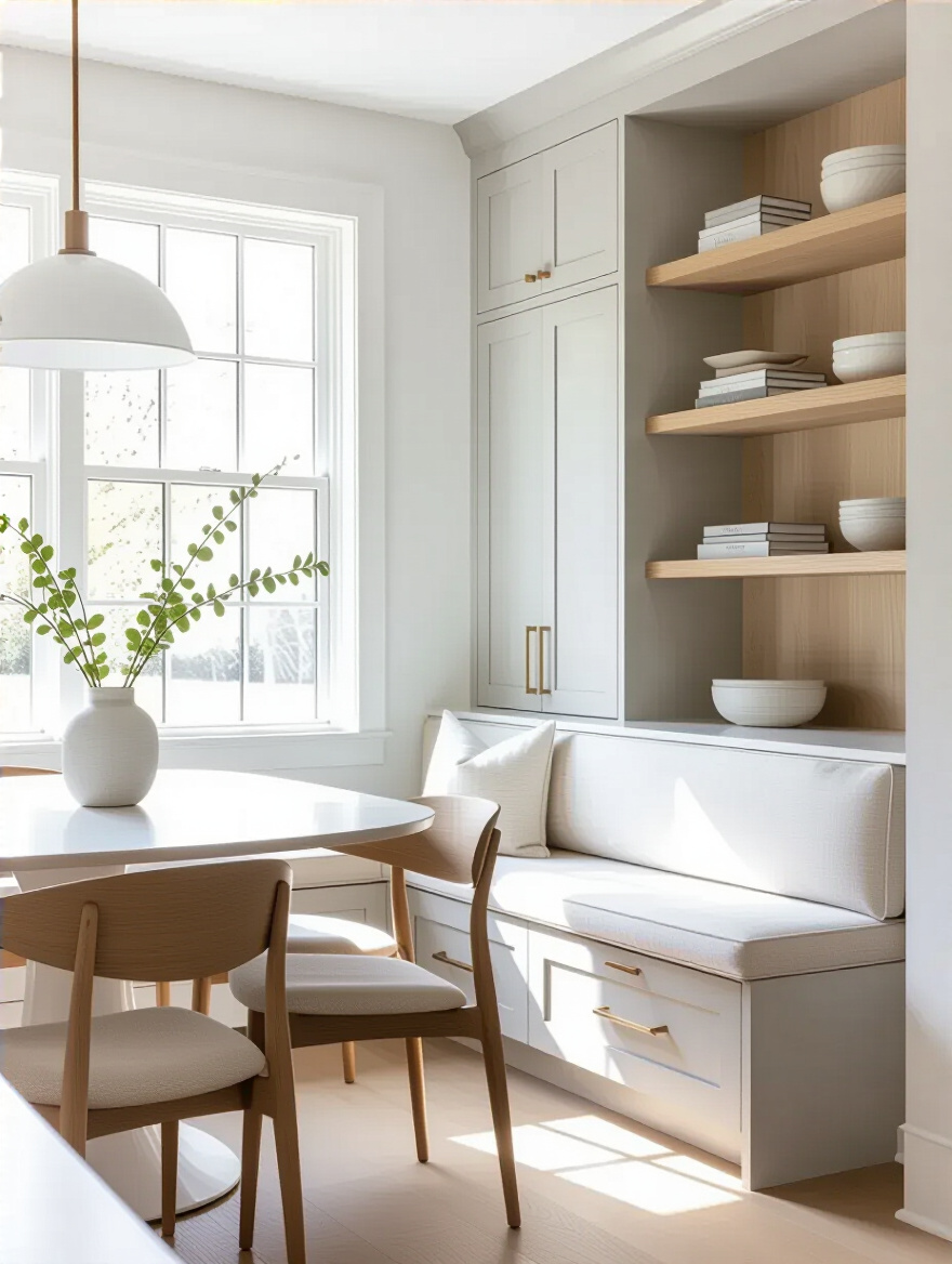 White dining room with built-in storage in light gray and natural oak, providing efficient storage in complementary tones.