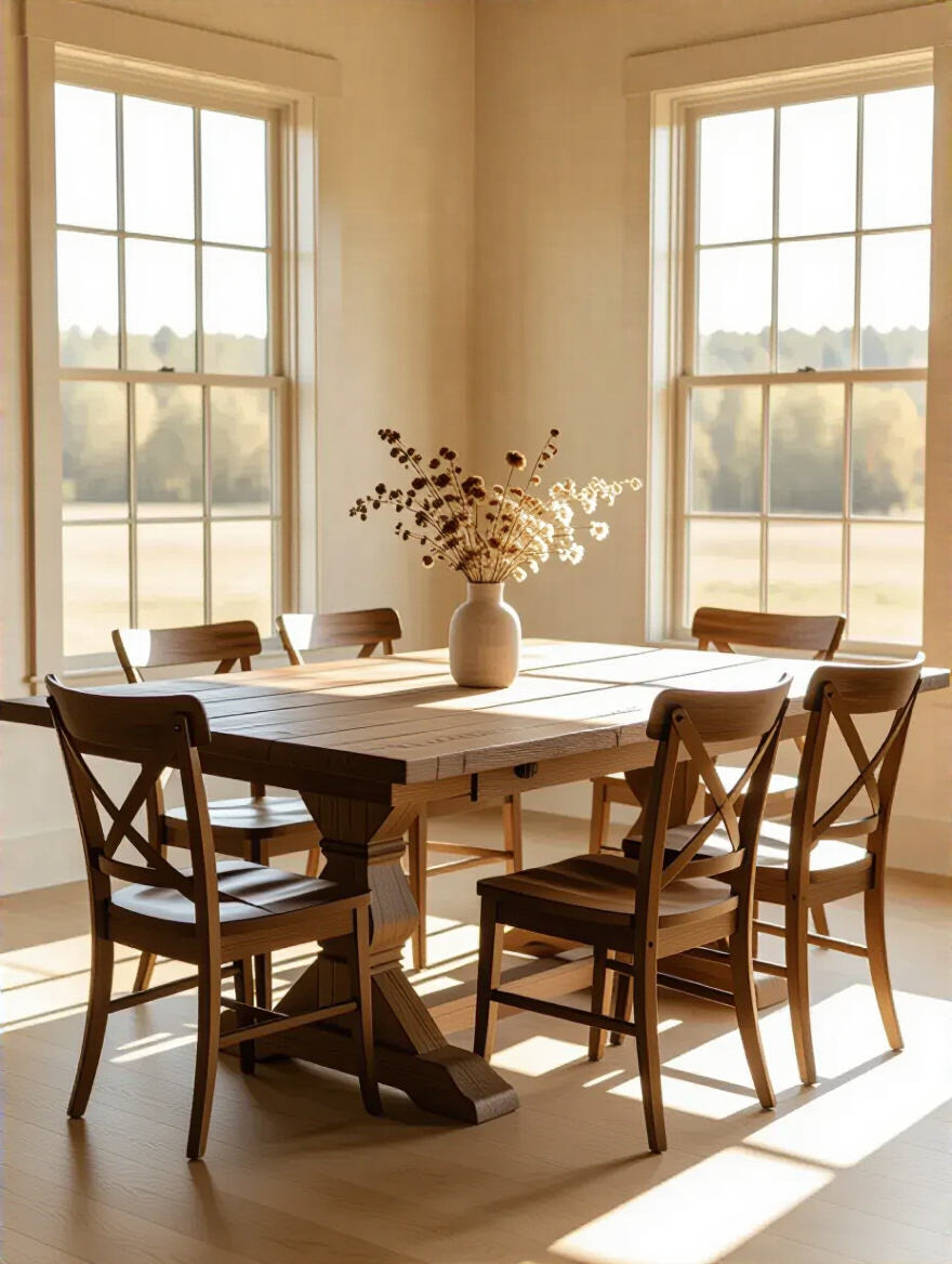 An empty, elegantly styled farmhouse dining room featuring a perfectly sized wooden dining table and chairs with generous space around them, illustrating ideal seating capacity planning.