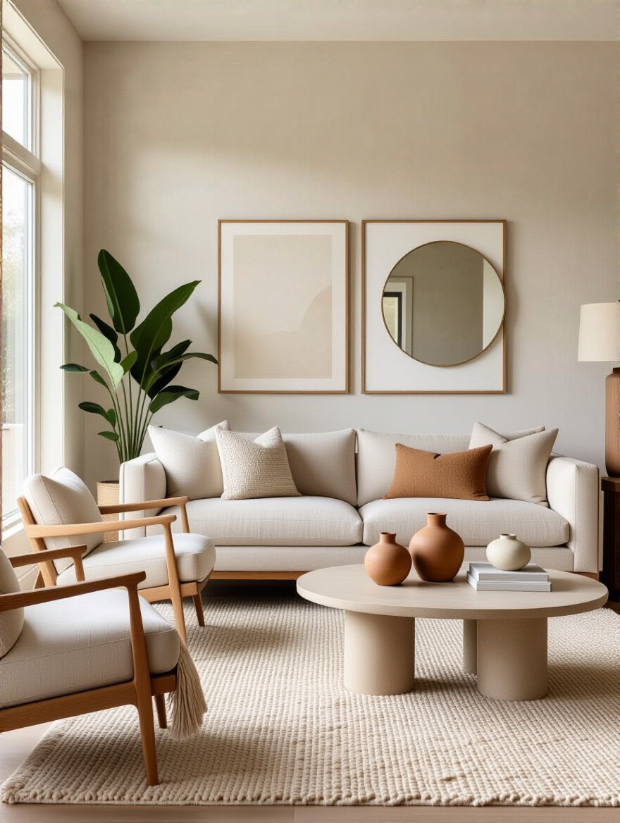 Portrait of a cohesive living room with coordinated wall decor