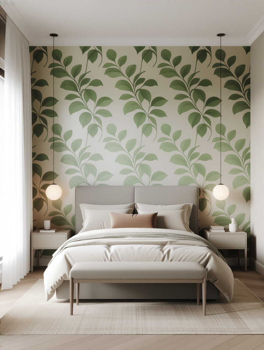 Portrait of a bedroom with a featured wallpaper wall behind the bed